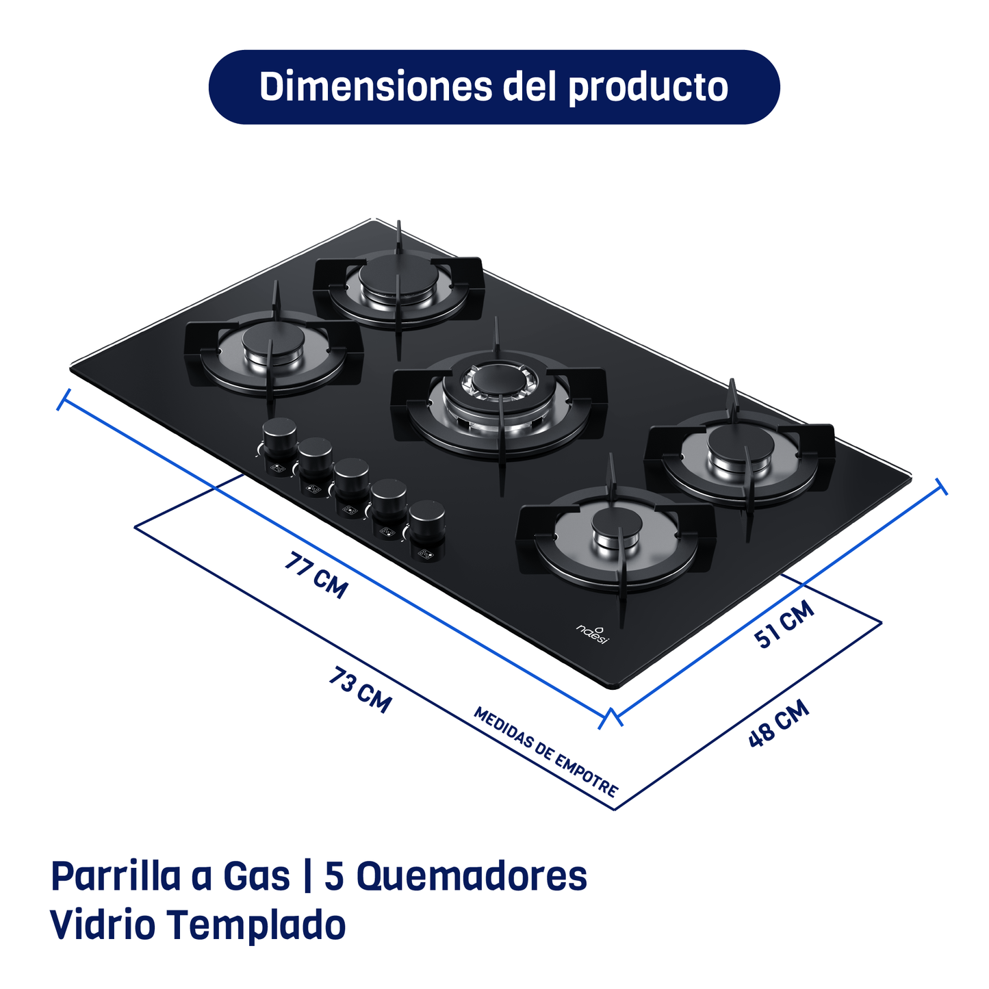 Parrilla A Gas De 5 Quemadores Vidrio Templado
