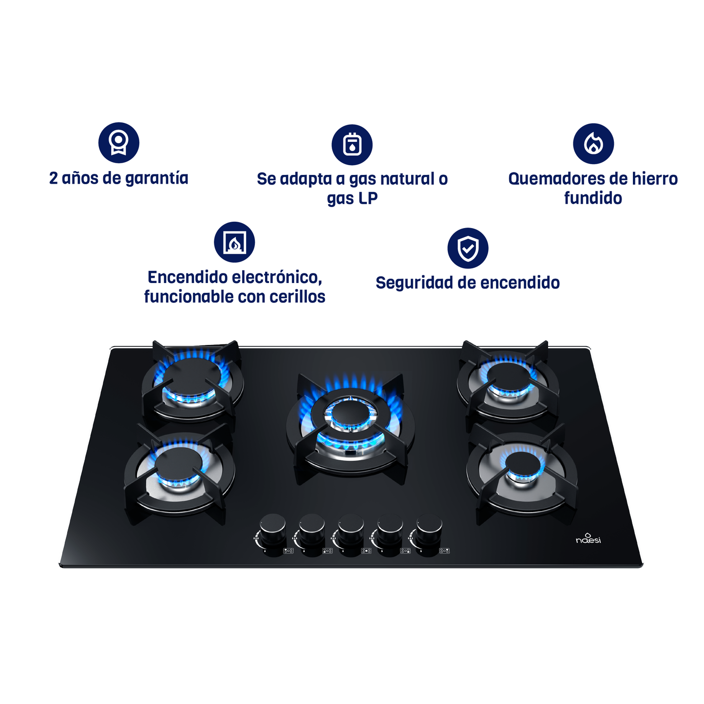 Combo Campana Extractora De Pared Tipo T 75 cm Con Luz LED + Parrilla de Gas 5 Quemadores en Vidrio Templado