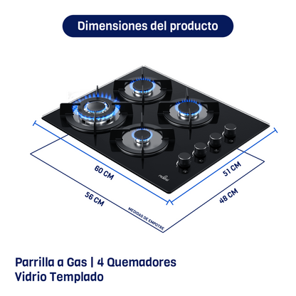 ⁠Parrilla A Gas De 4 Quemadores Vidrio Templado