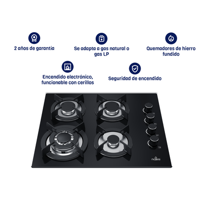 ⁠Parrilla A Gas De 4 Quemadores Vidrio Templado