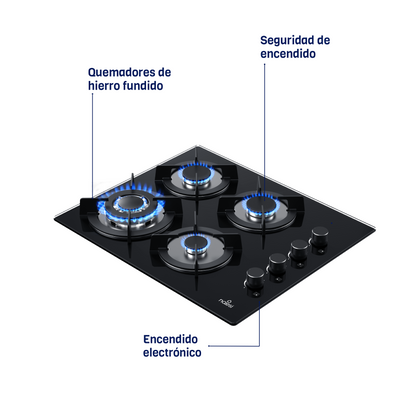 ⁠Parrilla A Gas De 4 Quemadores Vidrio Templado