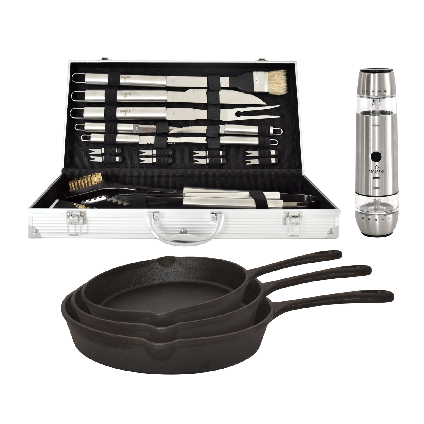 Combo Naesi – Sartenes de Hierro + Set Parrillero + Salero 2 en 1