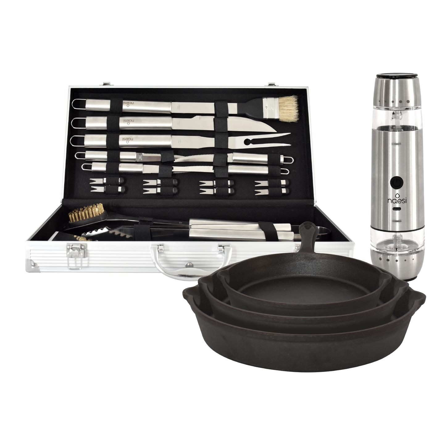 Combo Naesi – Sartenes de Hierro + Set Parrillero + Salero 2 en 1