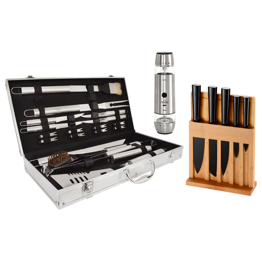 Combo Naesi 3 en 1: Parrillero, Cuchillos y Salero Eléctrico