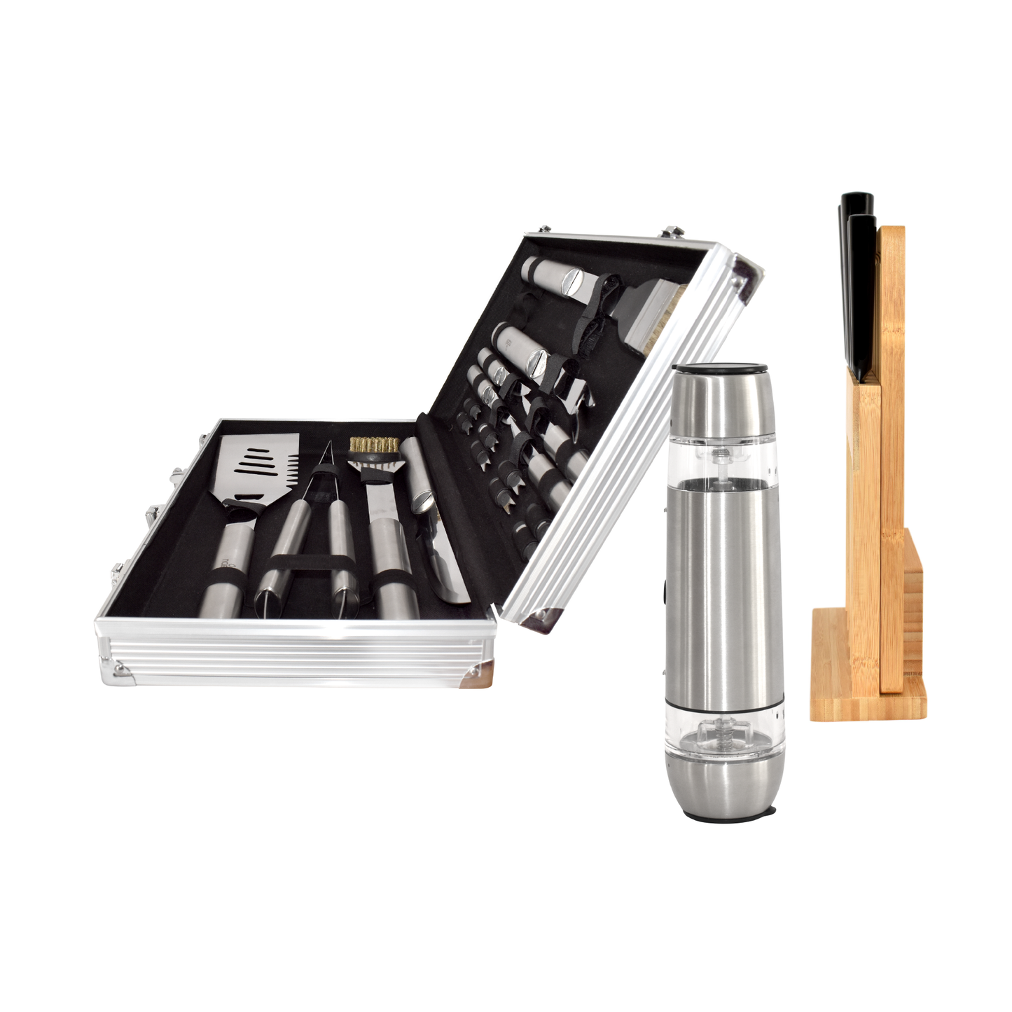 Combo Naesi 3 en 1: Parrillero, Cuchillos y Salero Eléctrico