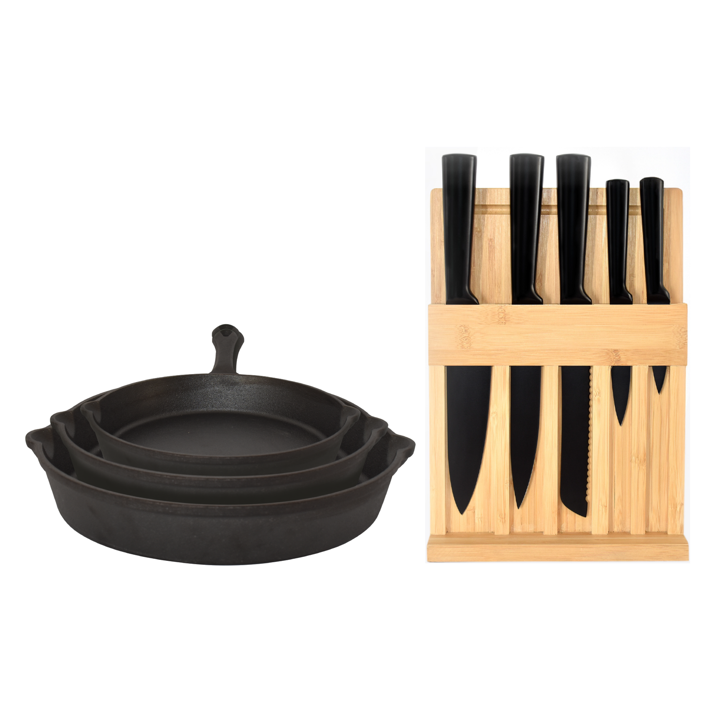 Combo Set de 3 Sartenes Hierro Forjado + Juego De Cuchillos 6 piezas Naesi