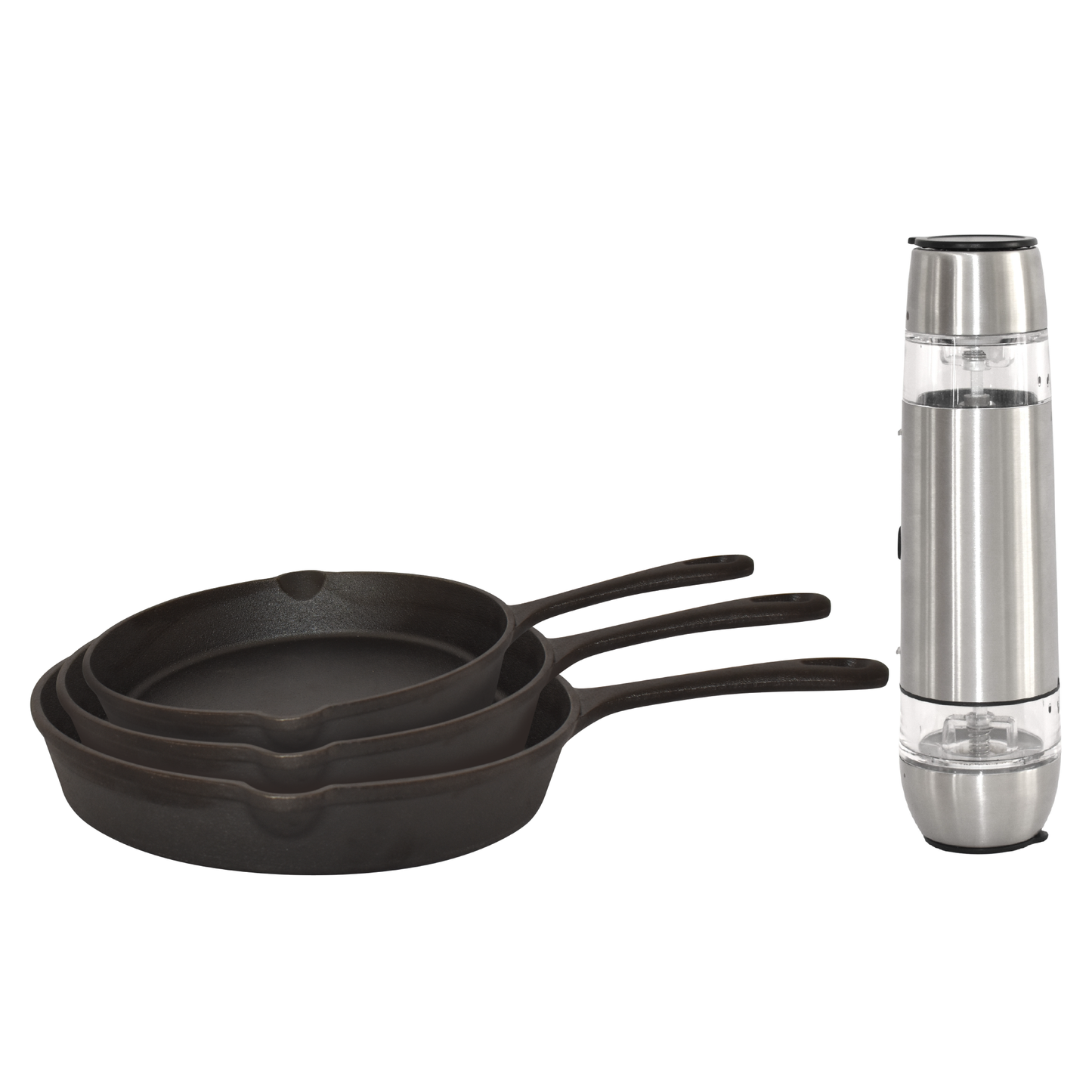 Combo Set 3 Sartenes De Hierro Forjado + Salero Pimentero Electrico 2 En 1 Naesi