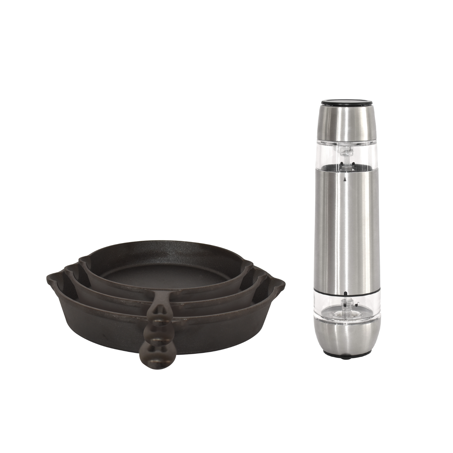 Combo Set 3 Sartenes De Hierro Forjado + Salero Pimentero Electrico 2 En 1 Naesi