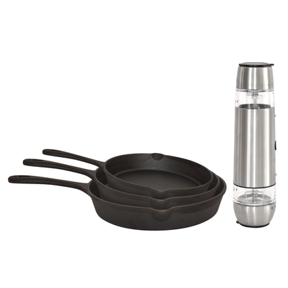 Combo Set 3 Sartenes De Hierro Forjado + Salero Pimentero Electrico 2 En 1 Naesi