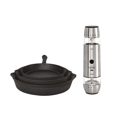 Combo Set 3 Sartenes De Hierro Forjado + Salero Pimentero Electrico 2 En 1 Naesi