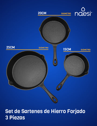 Combo Sartenes de Hierro Forjado + Juego de 5 Cuchillos Acero Inoxidable