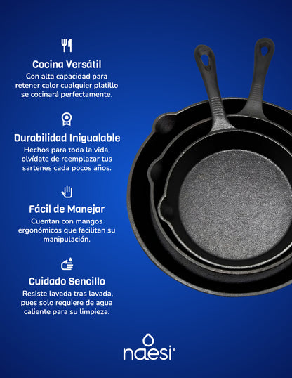 Combo Sartenes de Hierro Forjado + Juego de 5 Cuchillos Acero Inoxidable