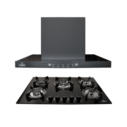 Combo Campana Extractora De Pared Tipo T 75 cm Con Luz LED + Parrilla de Gas 5 Quemadores en Vidrio Templado