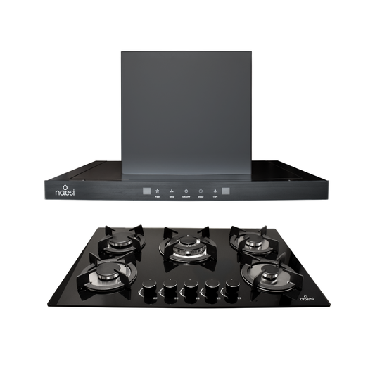 Combo Campana Extractora De Pared Tipo T 75 cm Con Luz LED + Parrilla de Gas 5 Quemadores en Vidrio Templado