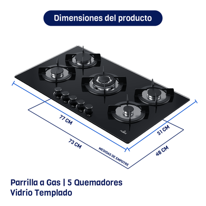 Parrilla A Gas De 5 Quemadores Vidrio Templado