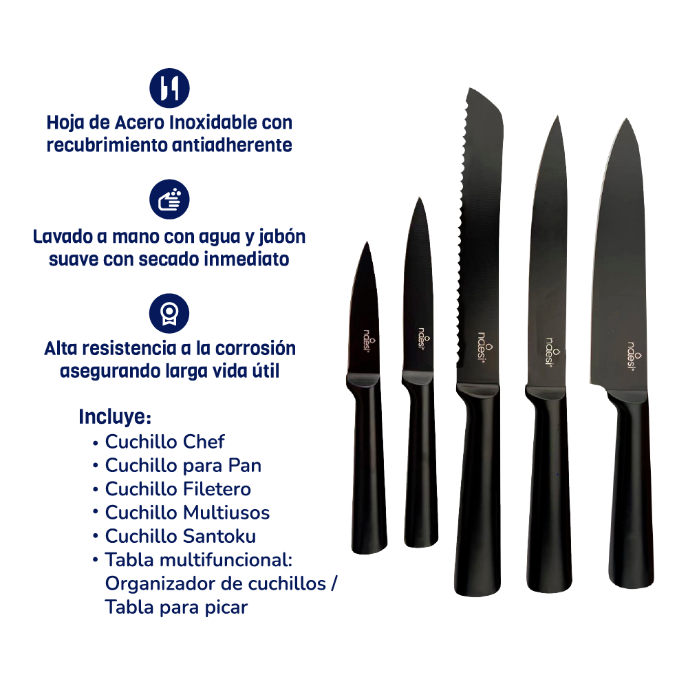 Combo Set de 3 Sartenes Hierro Forjado + Juego De Cuchillos 6 piezas Naesi