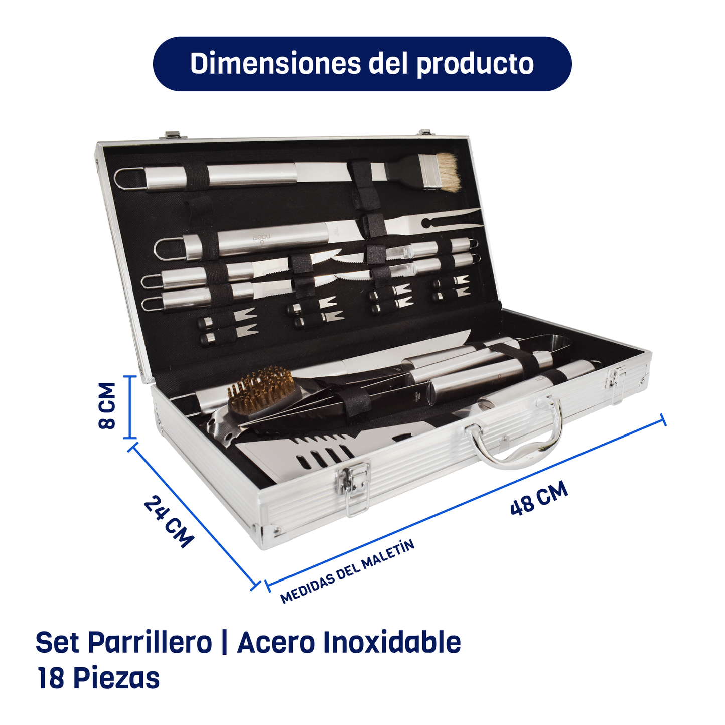 Set Parrillero 18 Piezas Acero Inoxidable
