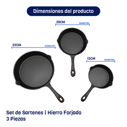 Combo Set 3 Sartenes De Hierro Forjado + Salero Pimentero Electrico 2 En 1 Naesi