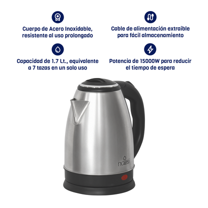 Tetera Eléctrica 1.8 Litros acero inoxidable + Dispensador De Agua Inteligente Naesi