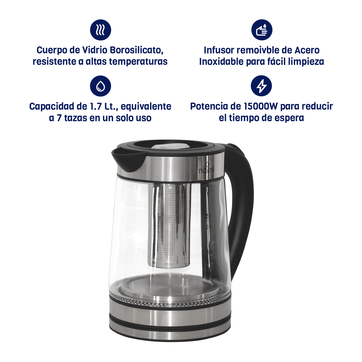 Tetera Eléctrica Con Infusor 1.7 Litros De Vidrio Templado Con Luz LED + Dispensador De Agua Inteligente Naesi