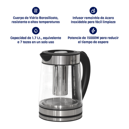 Tetera Eléctrica Con Infusor 1.7 Litros De Vidrio Templado Con Luz LED + Dispensador De Agua Inteligente Naesi